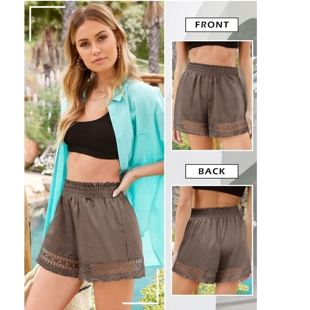 Women Hollow Out Ruffle High Waisted Smocked Pocket Shorts - Picture 4 of 6
